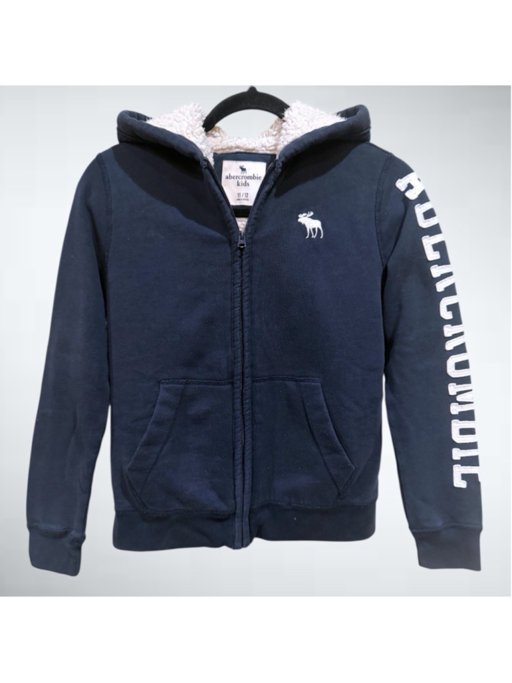 Boys Size 11/12 Abercrombie Kids Navy Full-Zip Sherpa Hoodie Jacket with Logo